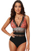 Floral Leopard Splicing Color Block Mesh One Piece Swimsuit