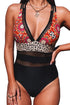 Floral Leopard Splicing Color Block Mesh One Piece Swimsuit