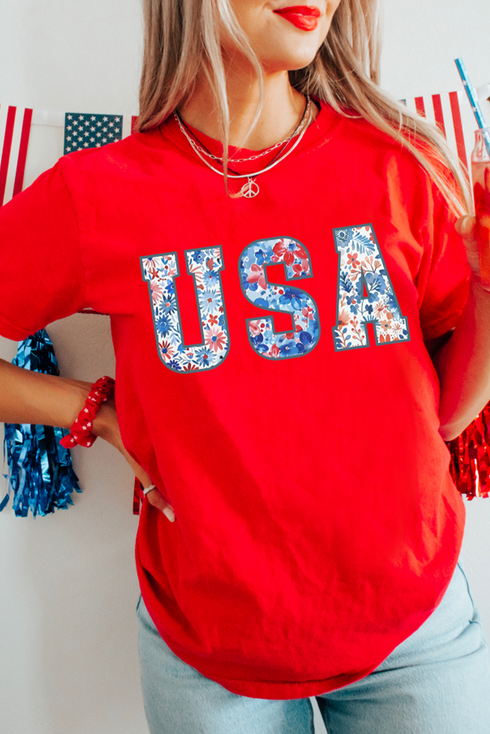 Floral Letter Graphic Cuffed Sleeve Crew Neck Tee
