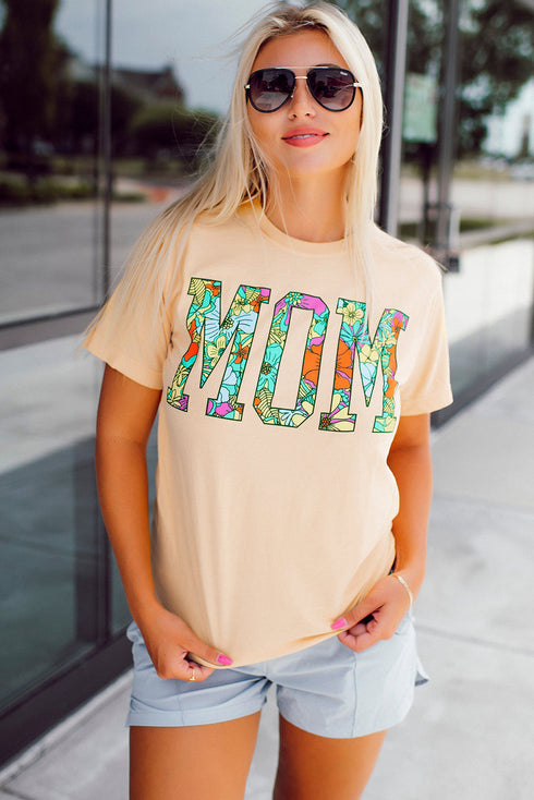 Floral Letter Print Short Sleeve Graphic Mom Tee