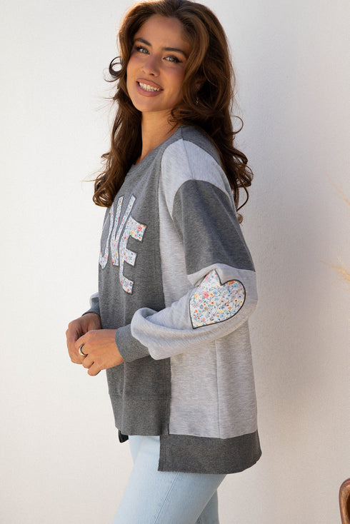 Floral LOVE Applique Exposed Seam Heart Patch Sweatshirt