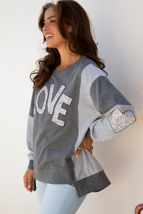 Floral LOVE Applique Exposed Seam Heart Patch Sweatshirt
