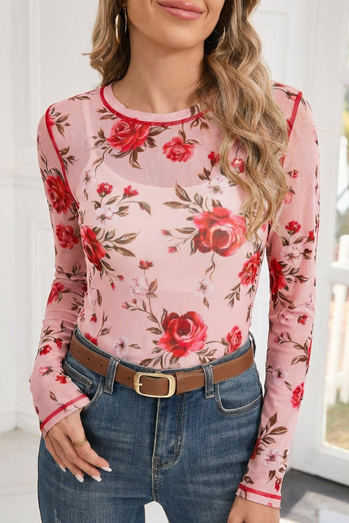Floral Mesh Exposed Seam Long Sleeve Stretch Top