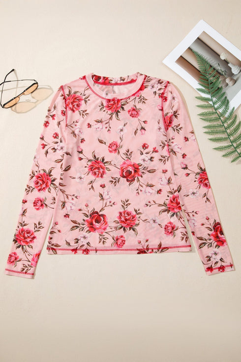 Floral Mesh Exposed Seam Long Sleeve Stretch Top