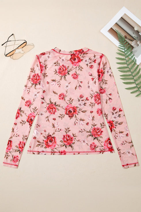 Floral Mesh Exposed Seam Long Sleeve Stretch Top