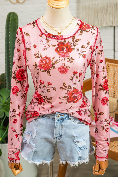 Floral Mesh Exposed Seam Long Sleeve Stretch Top