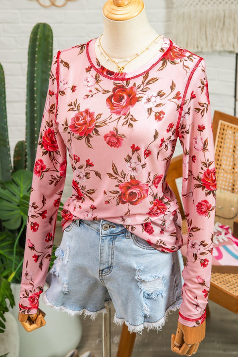 Floral Mesh Exposed Seam Long Sleeve Stretch Top