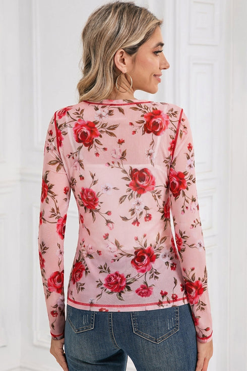 Floral Mesh Exposed Seam Long Sleeve Stretch Top