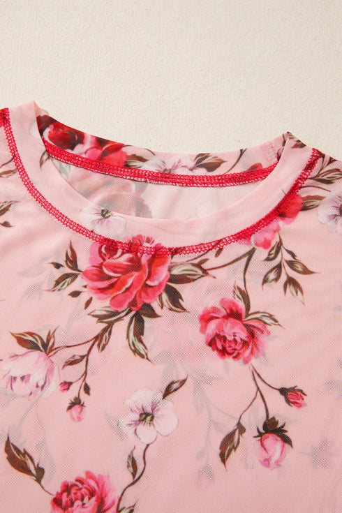 Floral Mesh Exposed Seam Long Sleeve Stretch Top