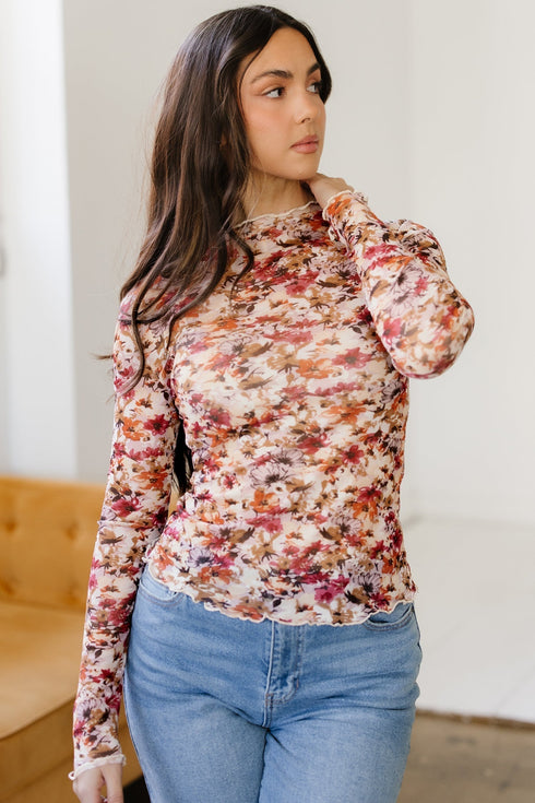 Floral Mesh Mock Neck Lettuce Trim Long Sleeve Top