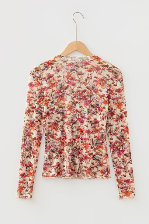 Floral Mesh Mock Neck Lettuce Trim Long Sleeve Top
