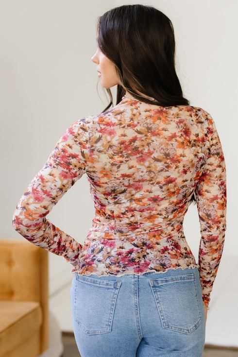 Floral Mesh Mock Neck Lettuce Trim Long Sleeve Top
