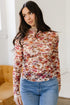 Floral Mesh Mock Neck Lettuce Trim Long Sleeve Top