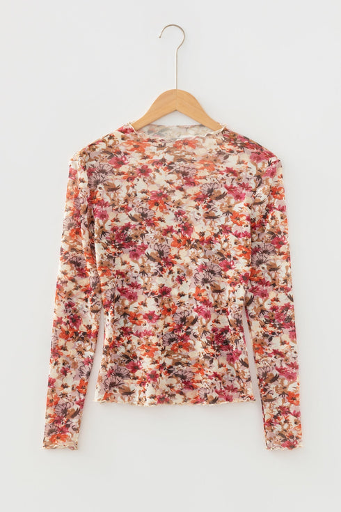 Floral Mesh Mock Neck Lettuce Trim Long Sleeve Top