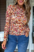 Floral Mesh Mock Neck Lettuce Trim Long Sleeve Top