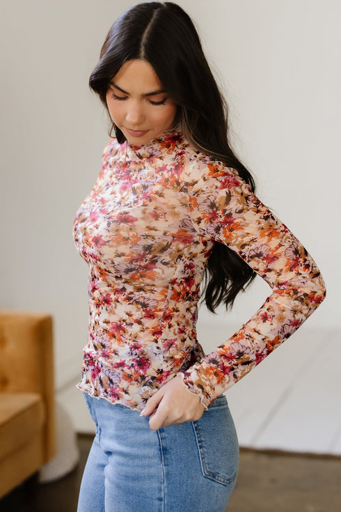 Floral Mesh Mock Neck Lettuce Trim Long Sleeve Top