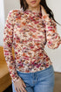 Floral Mesh Mock Neck Lettuce Trim Long Sleeve Top