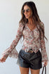 Floral Mesh Tie Front Bell Sleeve Top