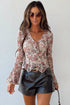 Floral Mesh Tie Front Bell Sleeve Top