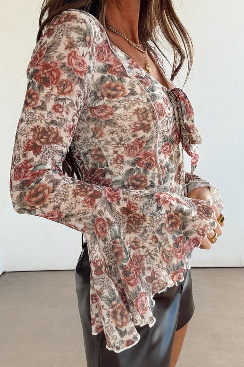 Floral Mesh Tie Front Bell Sleeve Top