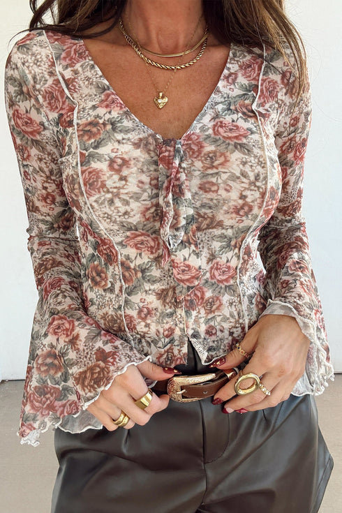Floral Mesh Tie Front Bell Sleeve Top