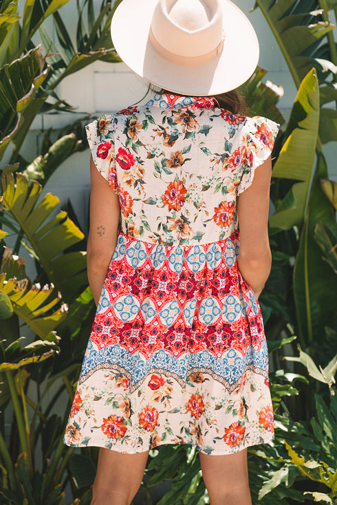 Floral Mixed Pattern Ruffle Flutter Sleeve Buttoned Dress
