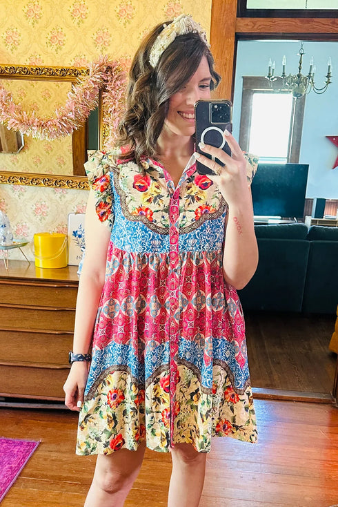 Floral Mixed Pattern Ruffle Flutter Sleeve Buttoned Dress