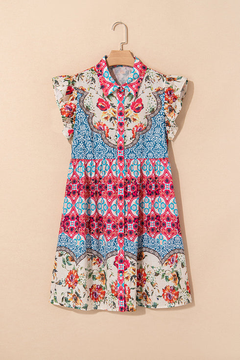Floral Mixed Pattern Ruffle Flutter Sleeve Buttoned Dress