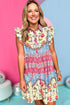 Floral Mixed Pattern Ruffle Flutter Sleeve Buttoned Dress