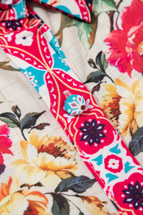 Floral Mixed Pattern Ruffle Flutter Sleeve Buttoned Dress