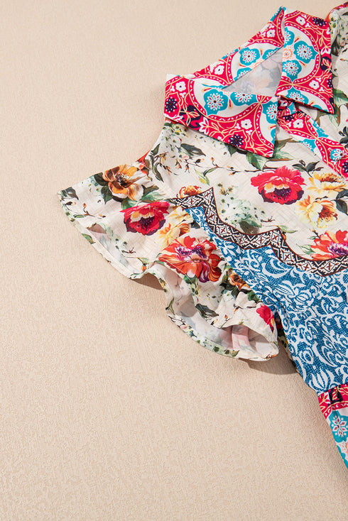 Floral Mixed Pattern Ruffle Flutter Sleeve Buttoned Dress