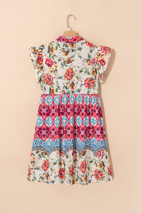 Floral Mixed Pattern Ruffle Flutter Sleeve Buttoned Dress