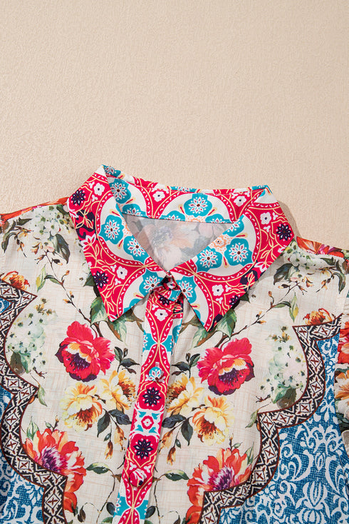 Floral Mixed Pattern Ruffle Flutter Sleeve Buttoned Dress