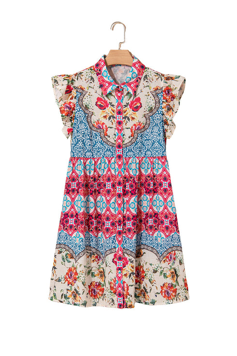 Floral Mixed Pattern Ruffle Flutter Sleeve Buttoned Dress