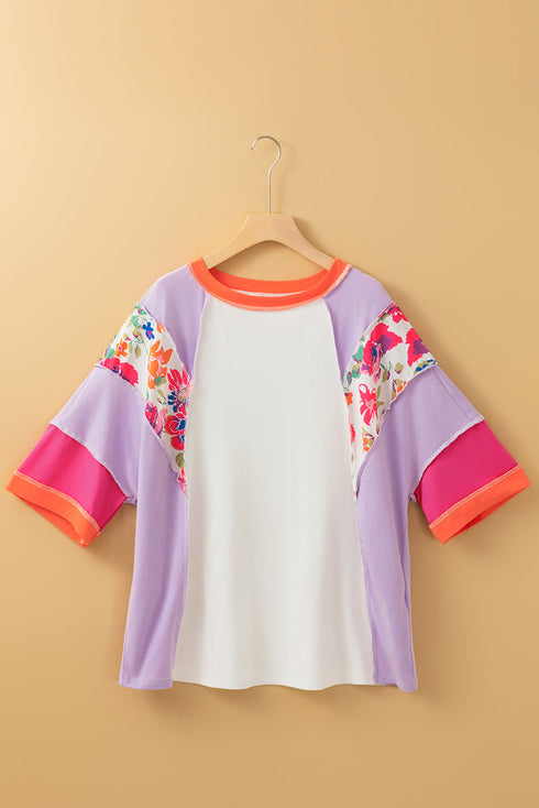 Floral Mixed Print Patchwork Three Quarter Sleeve Blouse