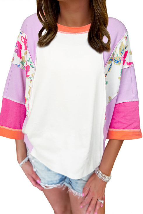 Floral Mixed Print Patchwork Three Quarter Sleeve Blouse
