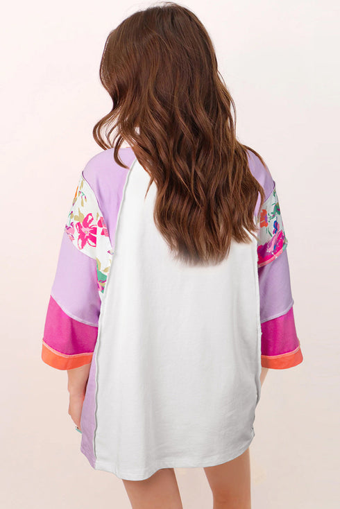 Floral Mixed Print Patchwork Three Quarter Sleeve Blouse
