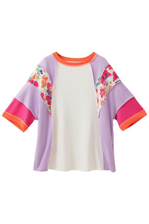 Floral Mixed Print Patchwork Three Quarter Sleeve Blouse