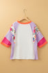 Floral Mixed Print Patchwork Three Quarter Sleeve Blouse