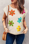 Floral Motif Cap Sleeve Textured Knit Pullover Top