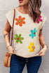 Floral Motif Cap Sleeve Textured Knit Pullover Top