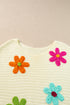 Floral Motif Cap Sleeve Textured Knit Pullover Top