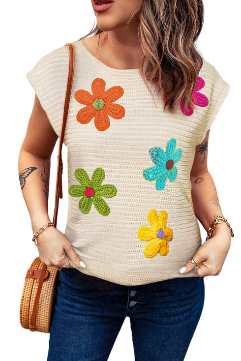 Floral Motif Cap Sleeve Textured Knit Pullover Top