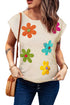 Floral Motif Cap Sleeve Textured Knit Pullover Top