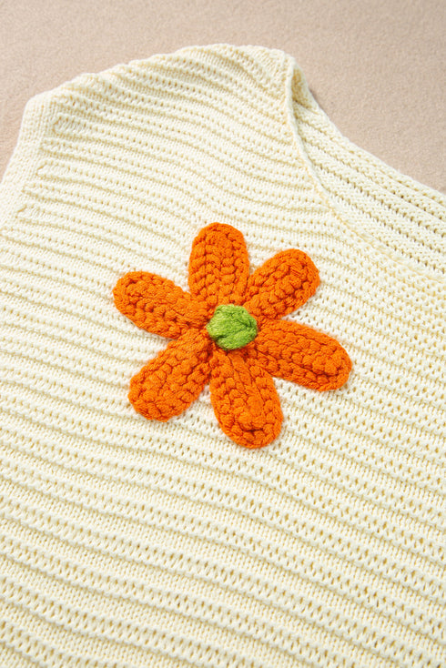 Floral Motif Cap Sleeve Textured Knit Pullover Top