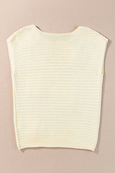 Floral Motif Cap Sleeve Textured Knit Pullover Top