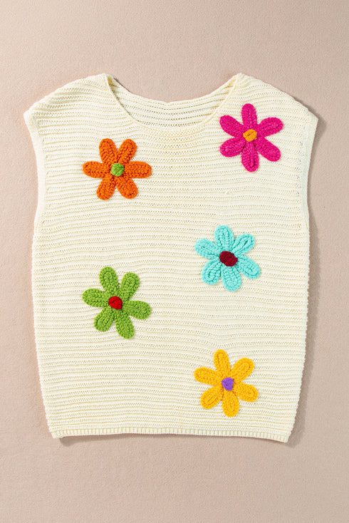 Floral Motif Cap Sleeve Textured Knit Pullover Top