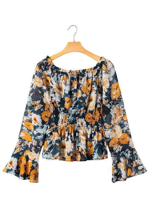 Floral Off Shoulder Bell Sleeve Smocked Peplum Blouse