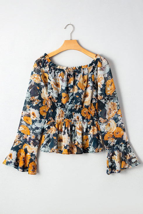 Floral Off Shoulder Bell Sleeve Smocked Peplum Blouse