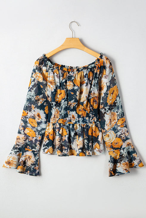 Floral Off Shoulder Bell Sleeve Smocked Peplum Blouse